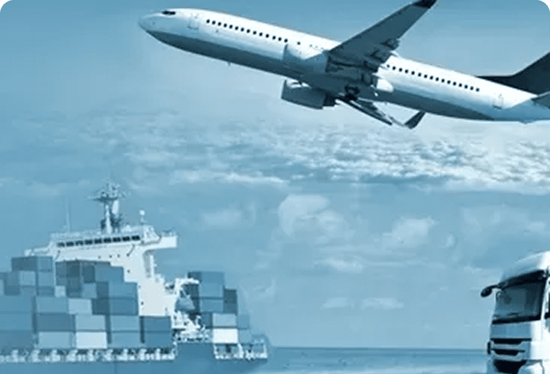 Plane, cargo ship, and truck in transit.