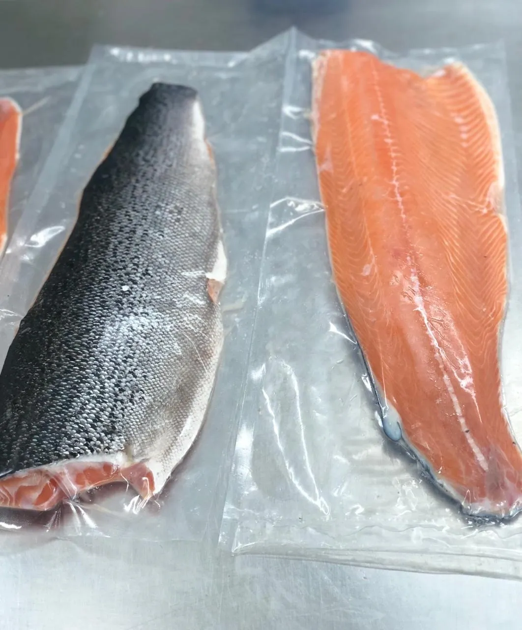 Packaged salmon fillets on a metal surface.