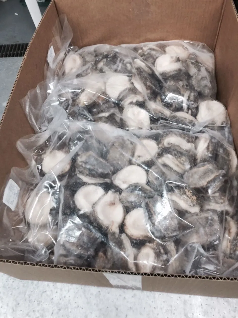 Box of vacuum-sealed frozen fish pieces.